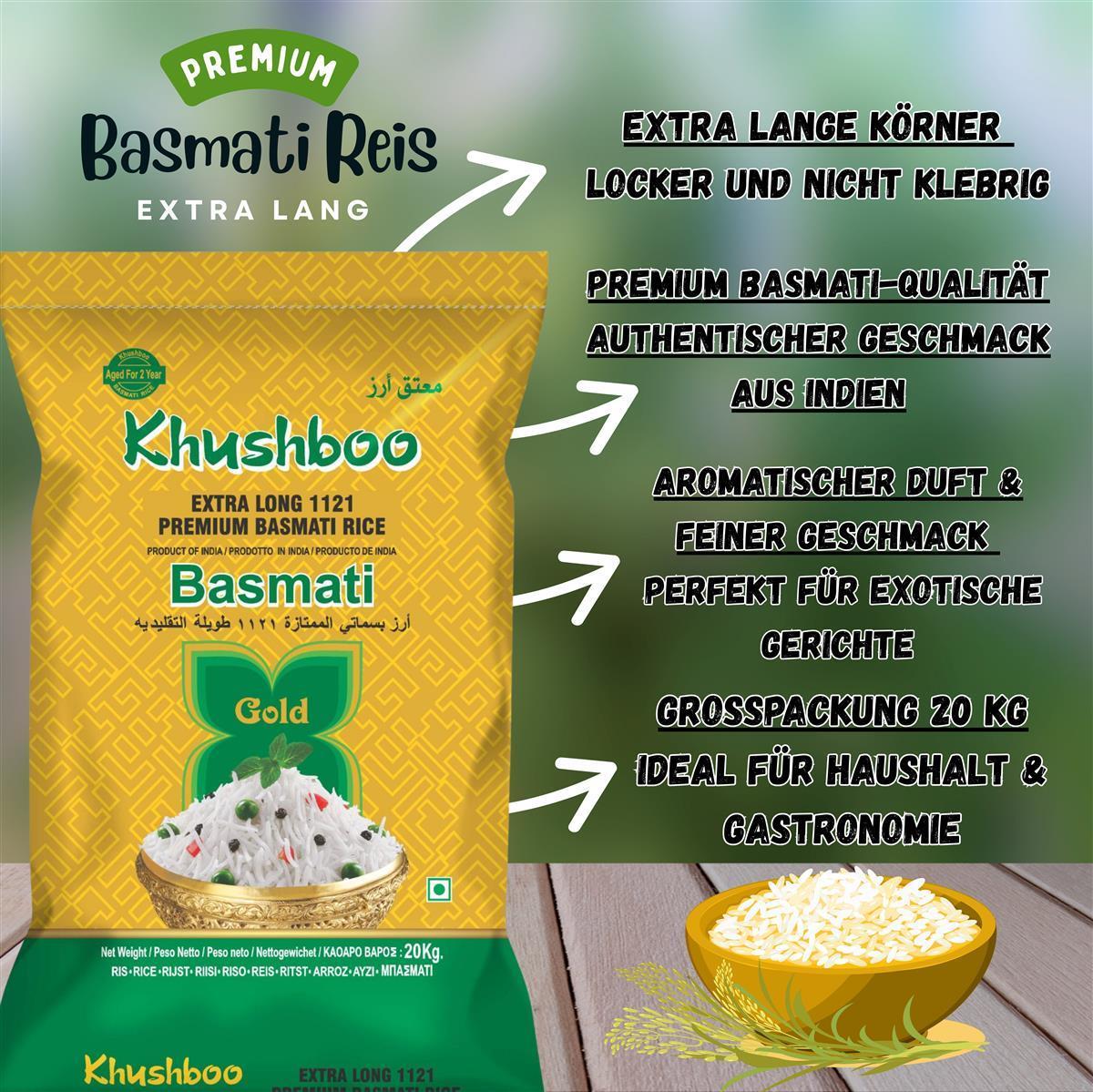 Khushboo Gold Premium 1121 Basmati Reis 5x 1 kg Indischer Duftreis