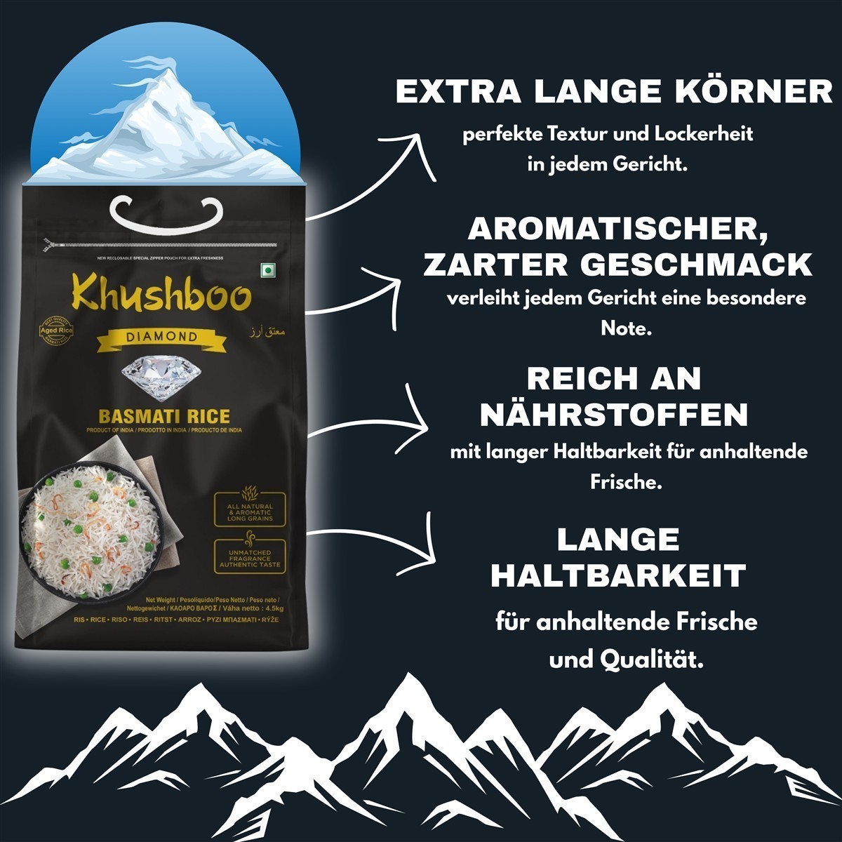 Khushboo Diamond Basmati Reis 1x 4,5 kg aus Indien