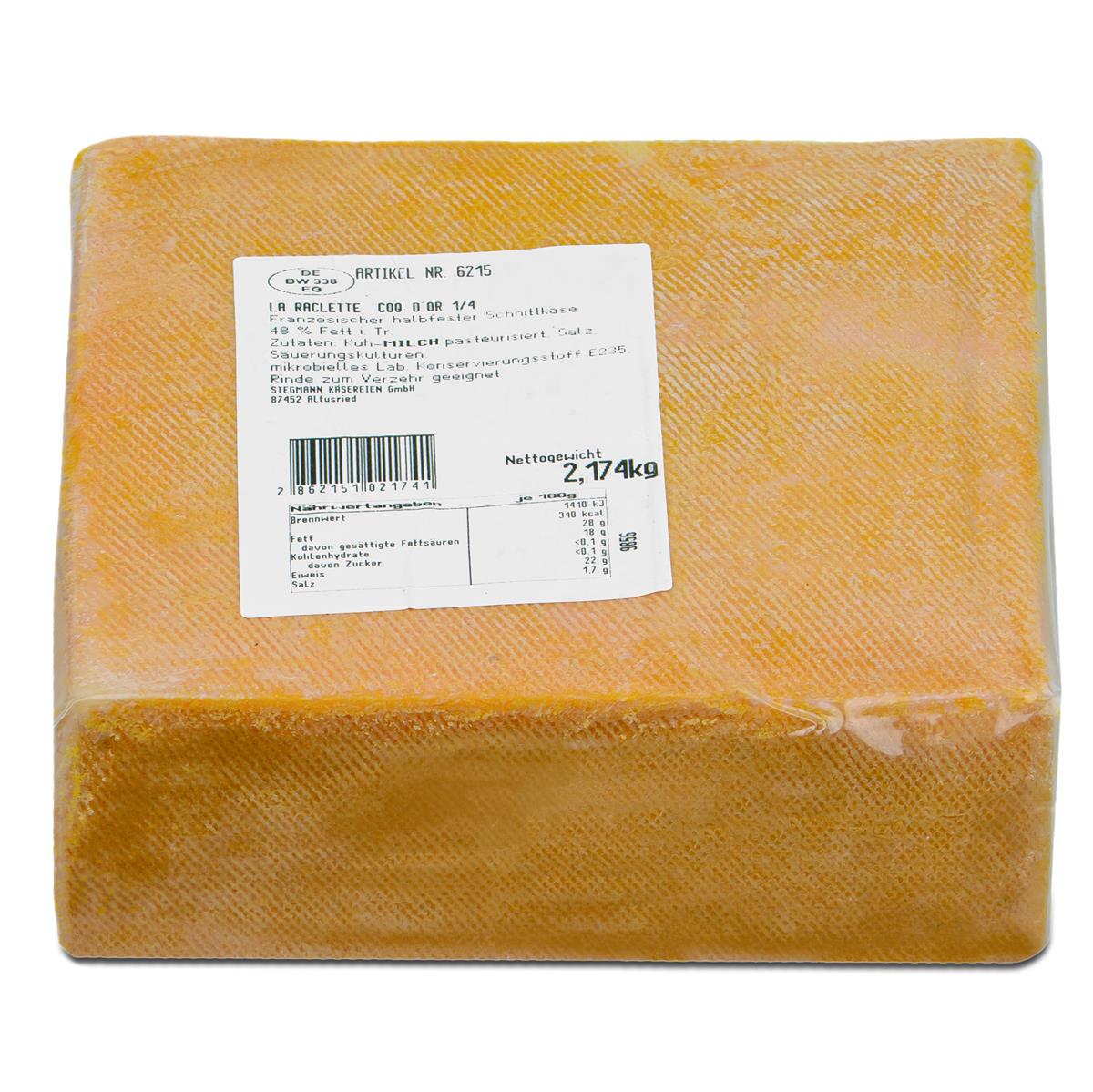 Raclette-Käse ca. 2kg französischer halbfester Schnitt-Käse Coq D´or 1/4