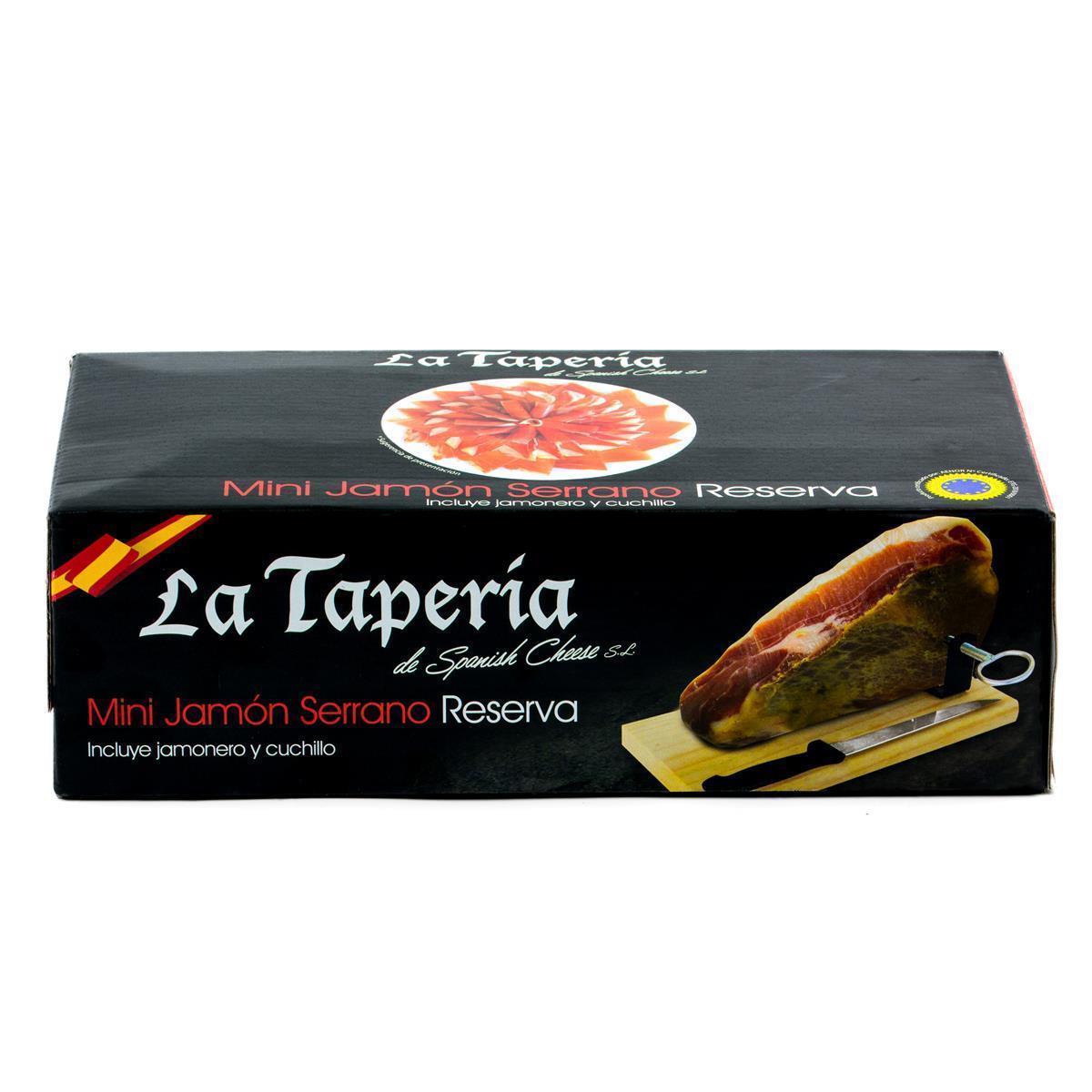 Hymor Serrano-Schinken-Set Reserva 950g Jamon mit Holzhalter und Schinkenmesser